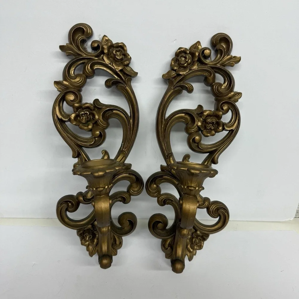 2 Vintage Homco Syroco Ornate Wall Sconce Candle Holder Floral Hollywood Regency